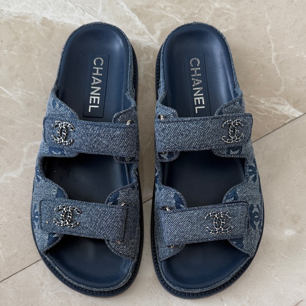 CHANEL Blue Denim Slide Sandals